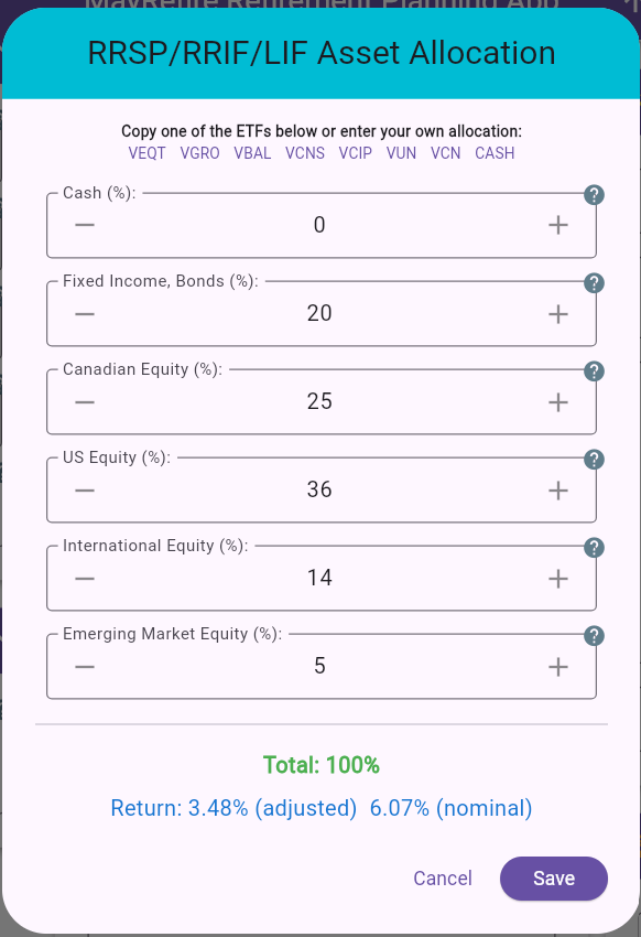 Asset Allocation Dialog (RRSP/RRIF/LIF)