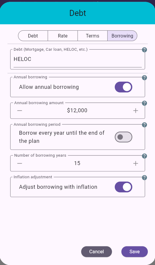 Debt Dialog - Borrowing Tab