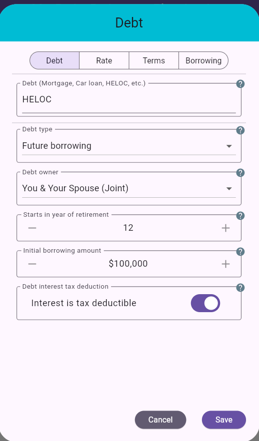 Debt Dialog - Future Borrowing Setup