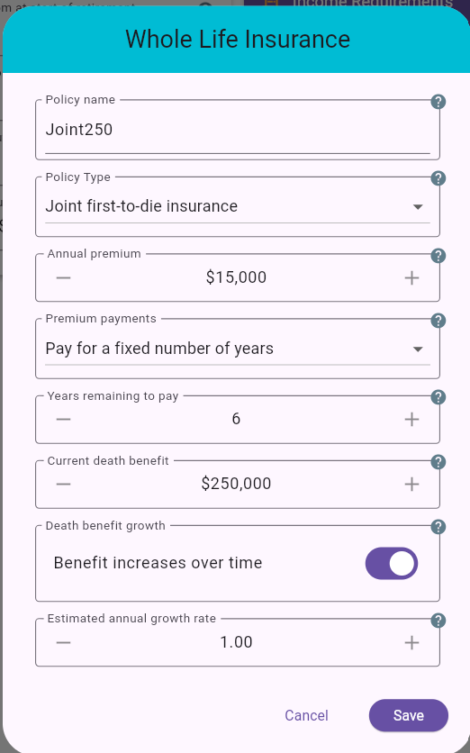 Whole Life Insurance Edit Dialog