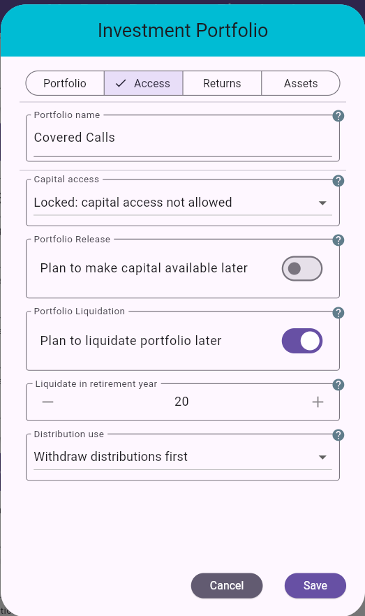 Investment Portfolio dialog - Access tab