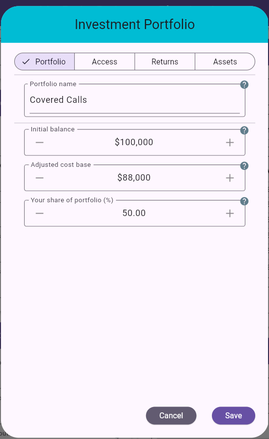 Investment Portfolio dialog - Portfolio tab