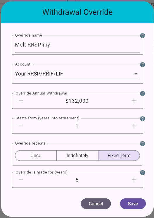 Withdrawal Override edit dialog